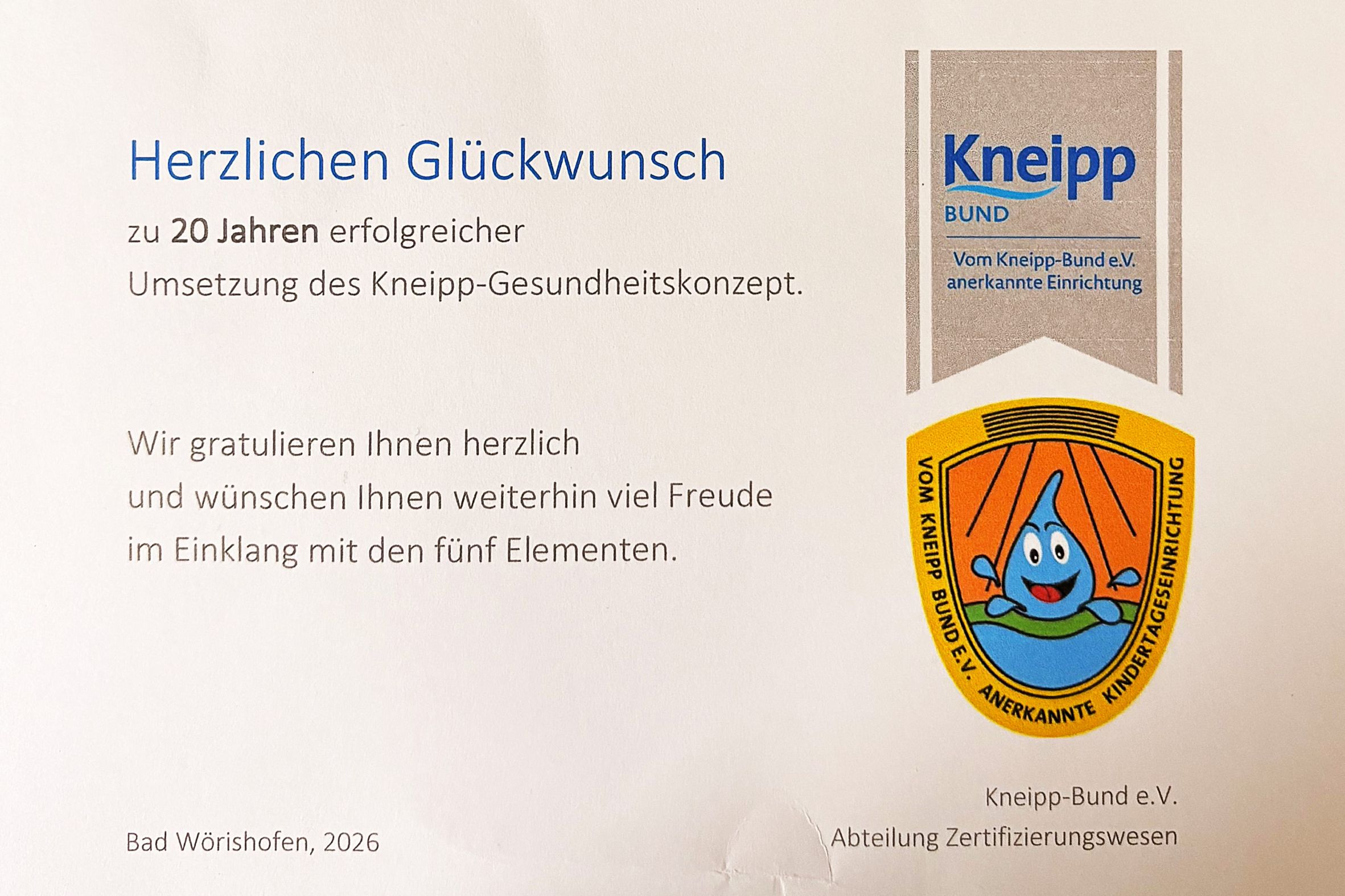 20 Jahre offiziell anerkannte Kneipp-Einrichtung